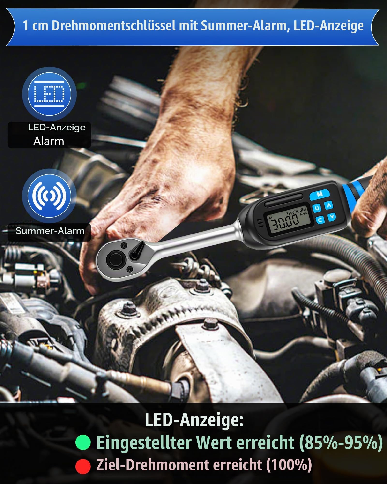 Digitaler Drehmomentschlüssel mit 3/8 zoll Antrieb, 3-60Nm Drehmomentbereich, ±2% Genauigkeit, Akustischer und LED-Alarm, Peak & Follow-Modus, für Fahrrad, Motorrad und Auto