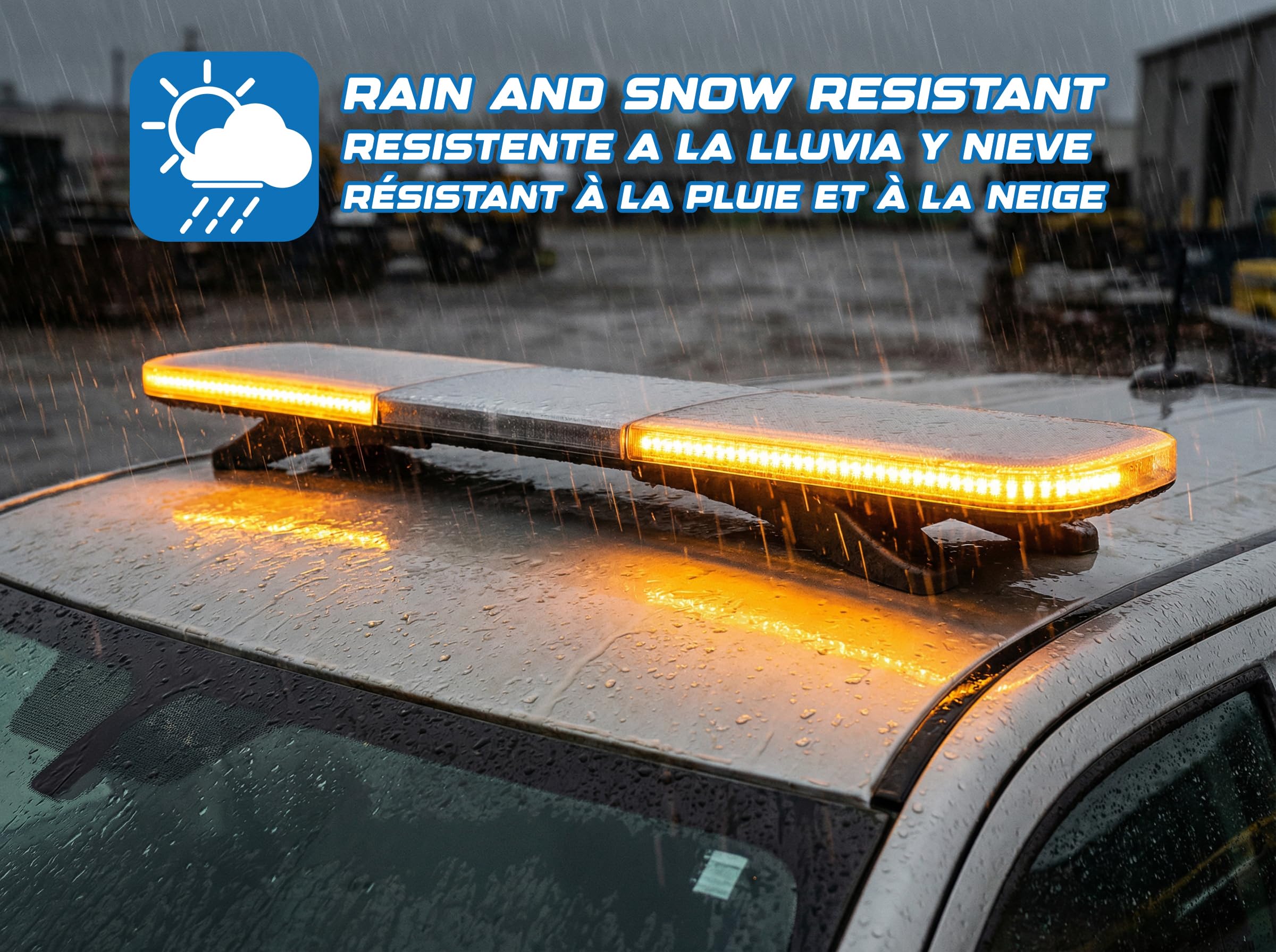 Ryme Automotive Puente LED Emergencia 1.200 mm Bicolor Ámbar/Azul – Homologado ECE R65 TA2/TB2 – 12V/24V – 28 Funciones – Lente Clara – IP66