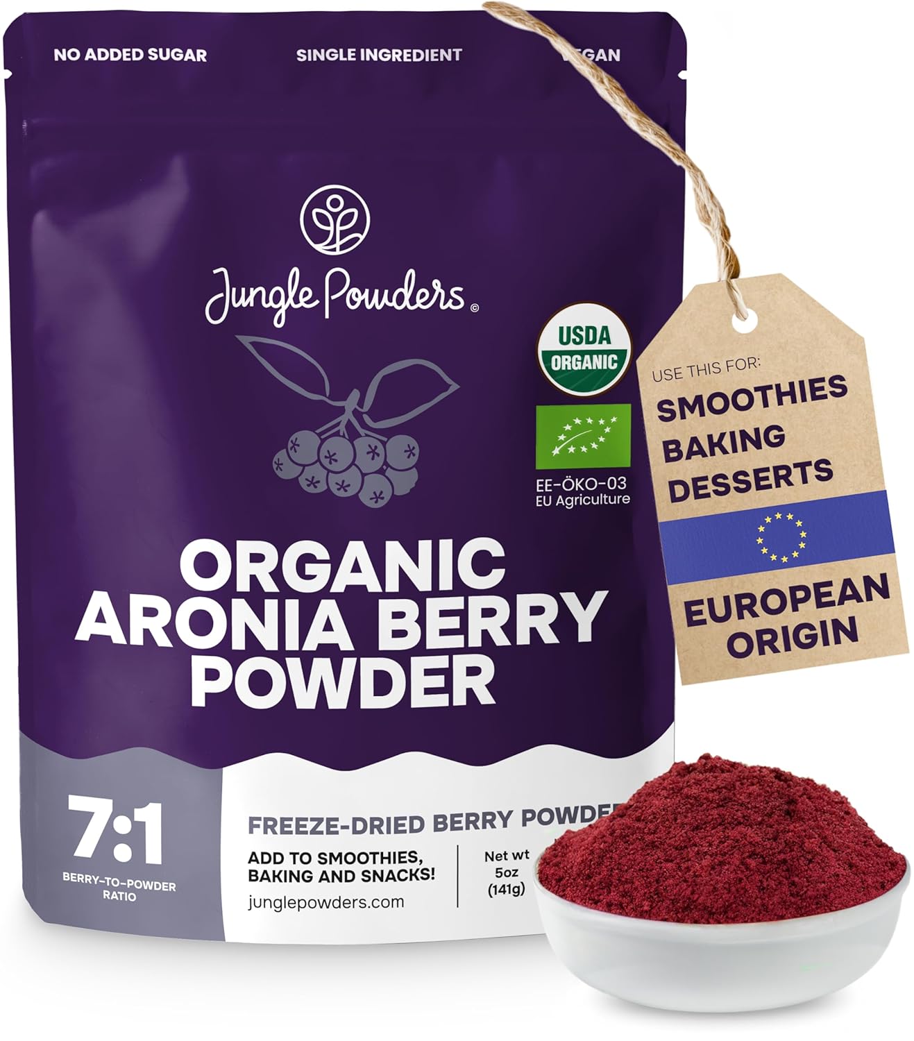 Jungle Powders Organic Aronia Berry Powder 5 Ounce Bag Freeze Dried Chokeberry Extract from Whole Aronia Berries, Superfood for Immunity, High in Antioxidants, Flavonoids, Vegan and Gluten Free