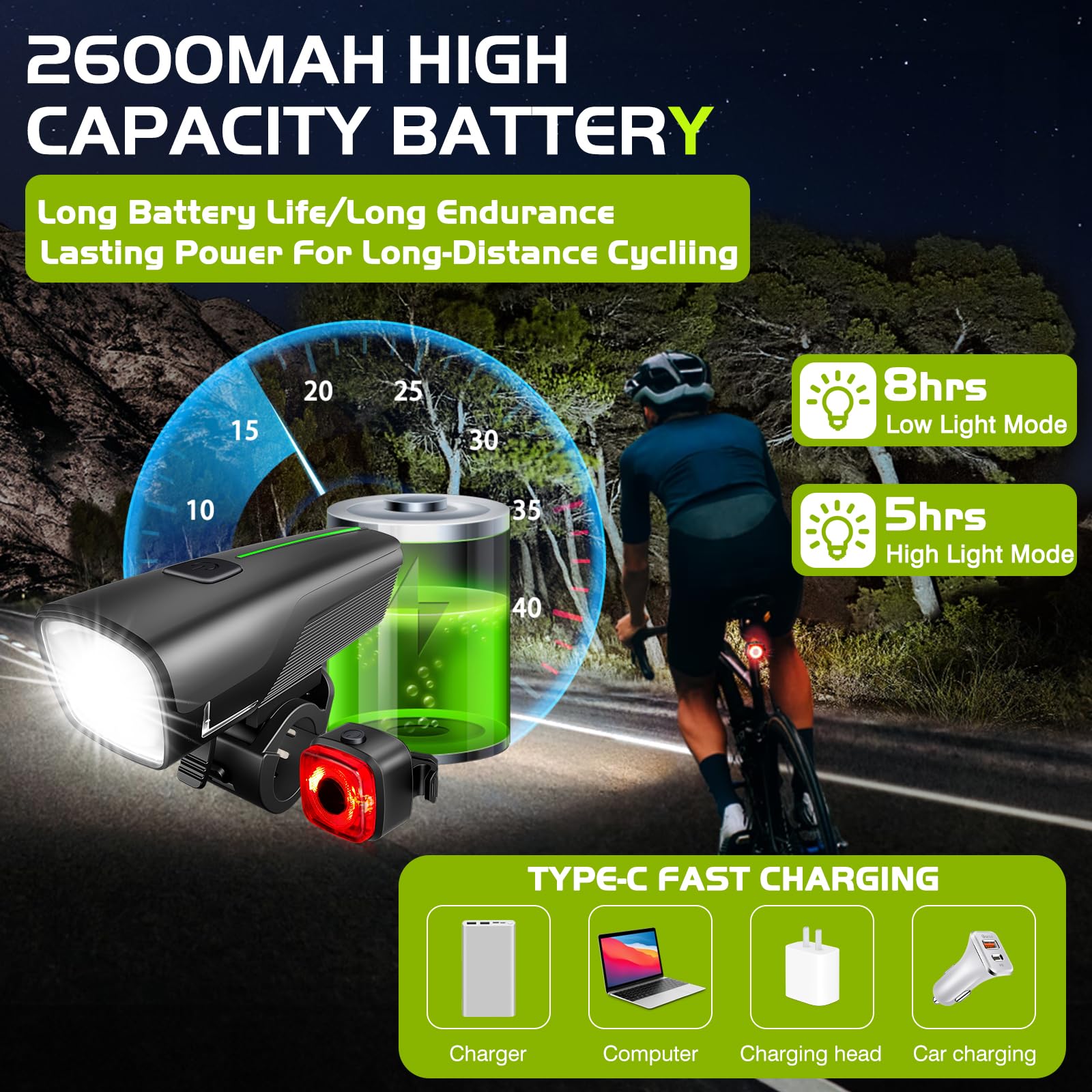 Fahrrad-LED-Set StVZO-zugelassen – 2600 MAh Akku, USB-C, IPX5 Wasserdicht, Mit Batterieanzeige, Für Vorne & Hinten