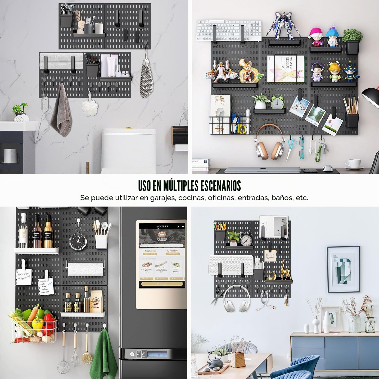 Set combinado de organizador de pared con panel enchufable y 4 losetas de 30 x 30 cm + 20 piezas de accesorios para almacenamiento, organización y decoración, combinación libre y fácil