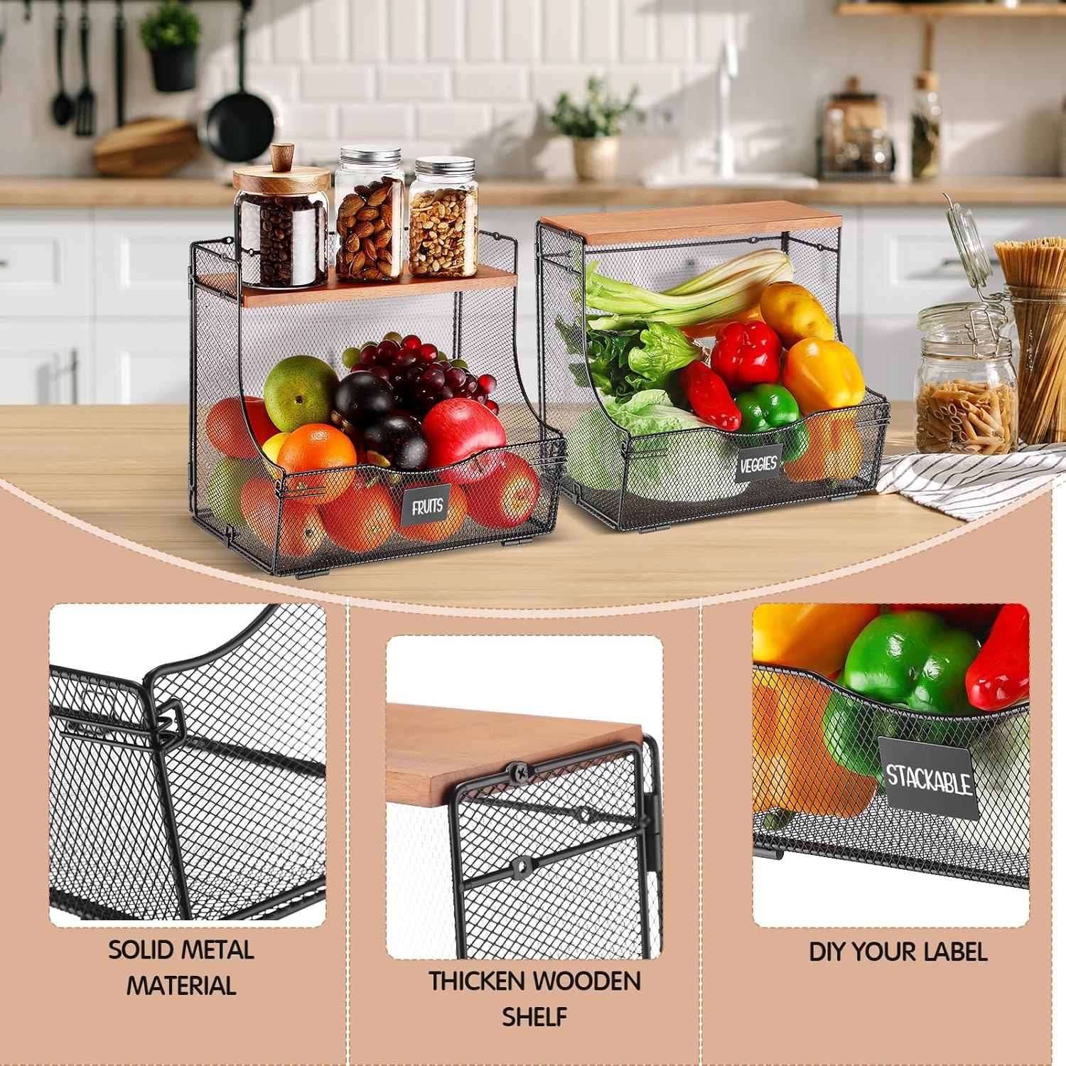 Honeydak 2 Pack Stackable Wire Fruit Baskets with Wood Lid, Wall Mounted or Countertop Vegetable Storage Bins with Label Plate, Black Metal Onion Potato Holder for Kitchen Pantry
