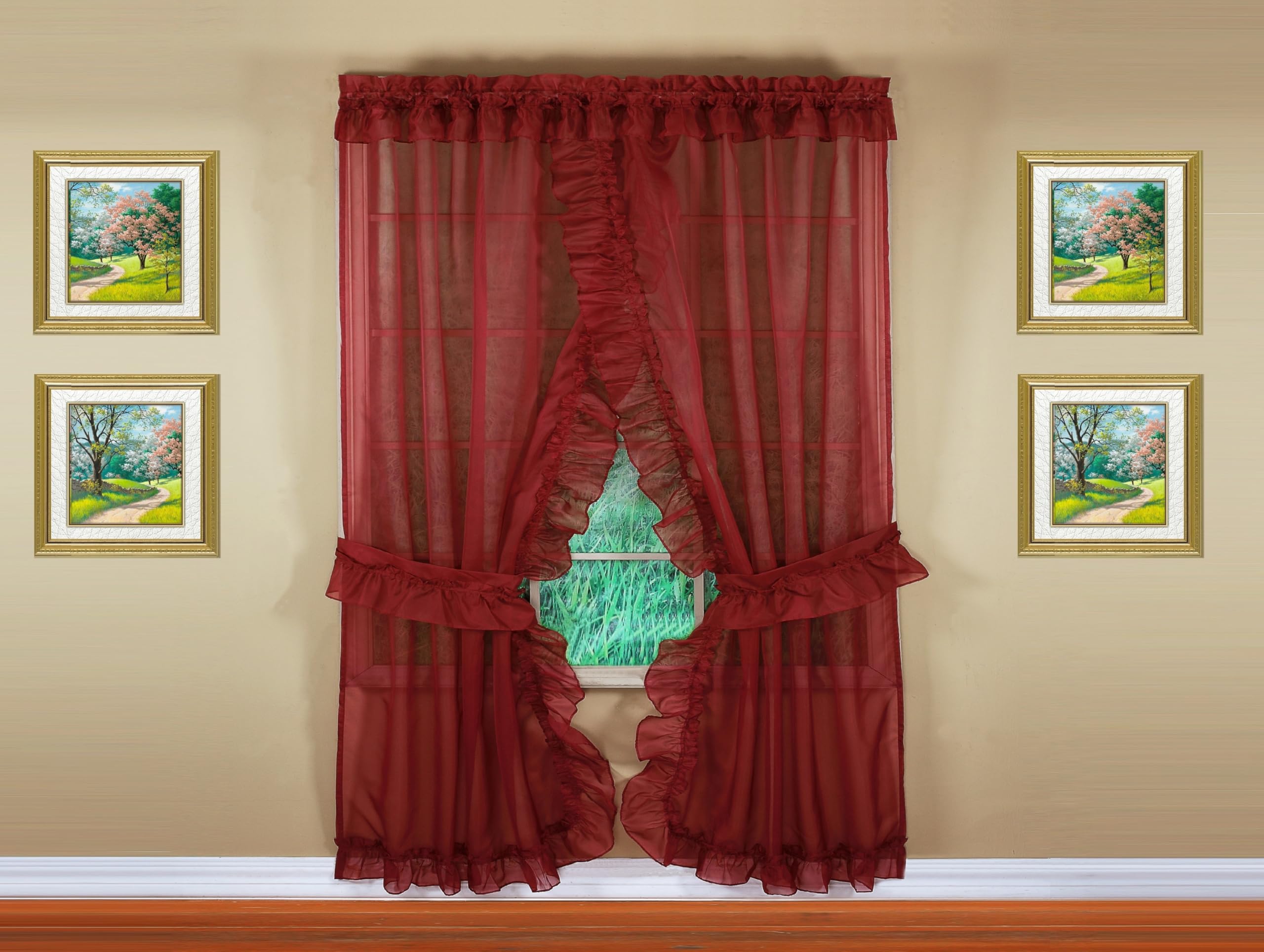 Today's Curtain, Emelia Priscilla Sheer Pair 60" W x 84" L, Burgundy, 5-Piece-Set