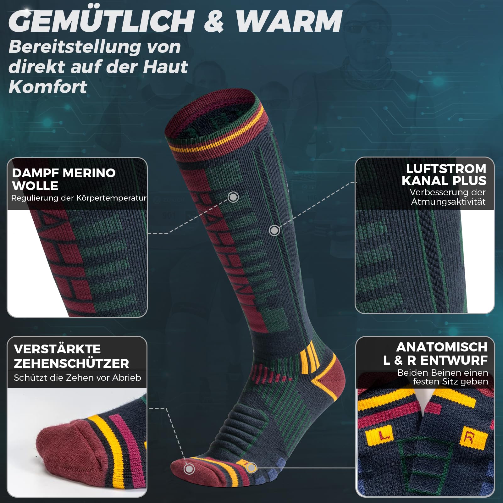 Lana Merino Termiche Calzini Sci Uomo 43-46, Tieniti al Caldo, Traspiranti, Ad Asciugatura Rapida, Compressione Snowboard Calze Sci Uomo (2 Paia)