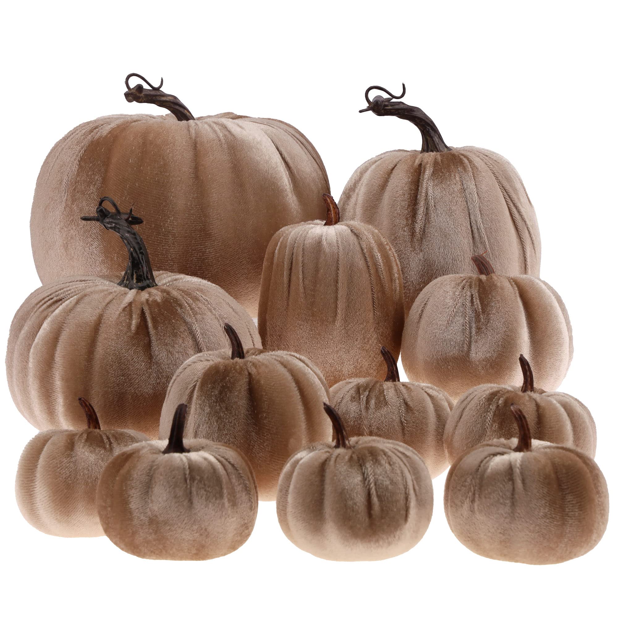 Gresorth 12pcs Large Artificial Velvet Pumpkins Fake Handmade Fall Harvest Centerpiece Decoration for Home Kitchen Farmhouse Halloween Thanksgiving Wedding - Champagne