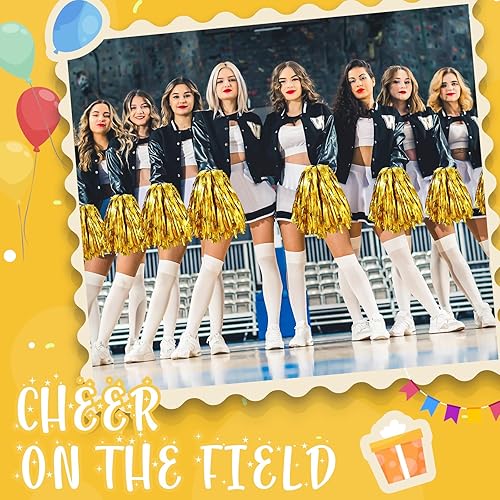 Miniatura 4 de Liliful 40 pompones de animadora de papel metálico para eventos deportivos, pompones de animadora a granel con mango de plástico negro, adecuados