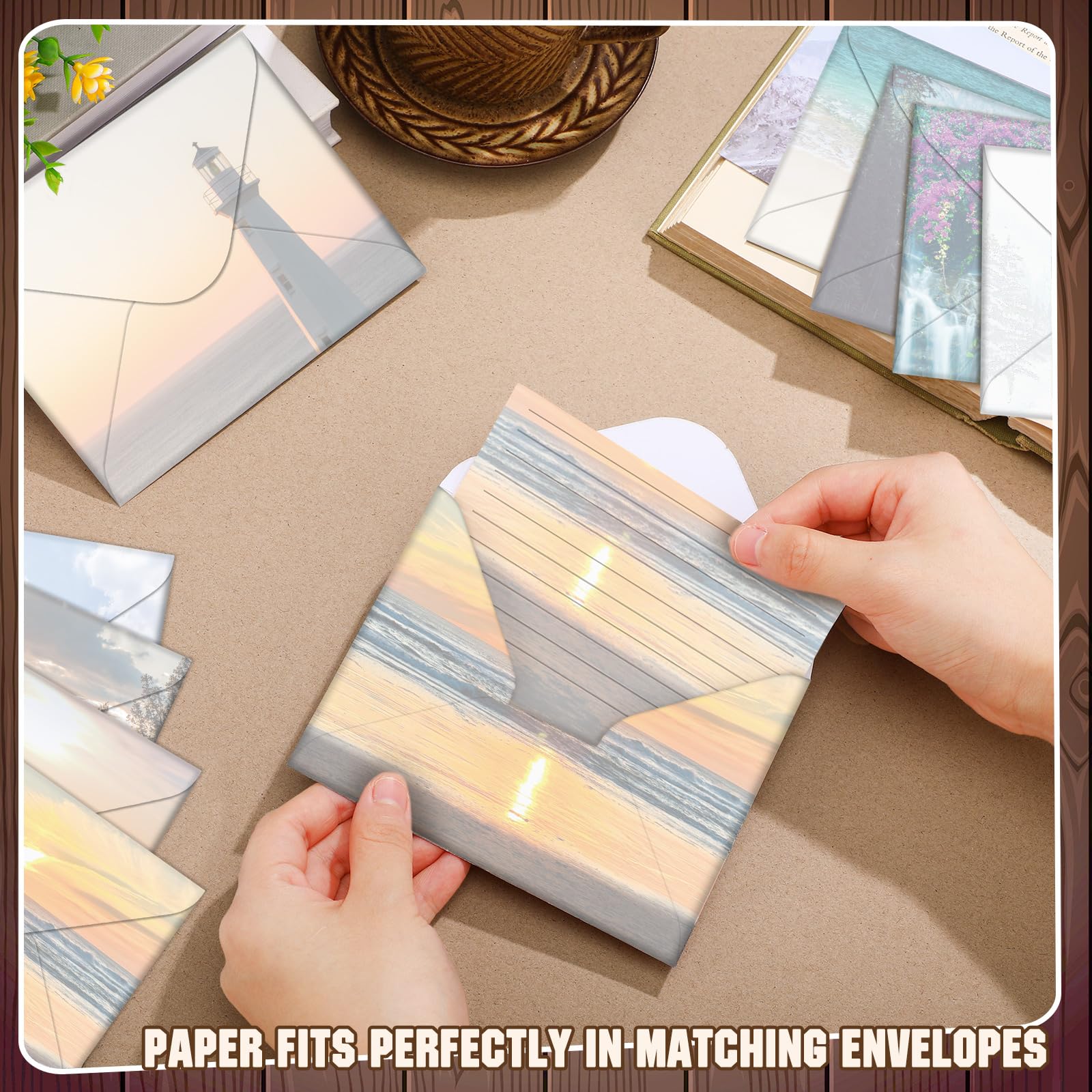 TaoBary 160 Pcs Stationery Paper Set 50 Double Sided Stationery Papers with 50 Matching Envelopes and 60 Round Dot Sticker, 10 Design(Scenic Nature,5.5 x 8.25 Inch)