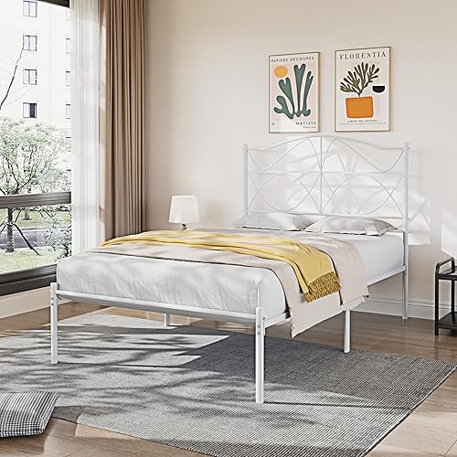 Miniatura 61 de VECELO Base de cama de plataforma metálica de tamaño matrimonial con cabecera y estribo, base de colchón de soporte de listones resistentes, no