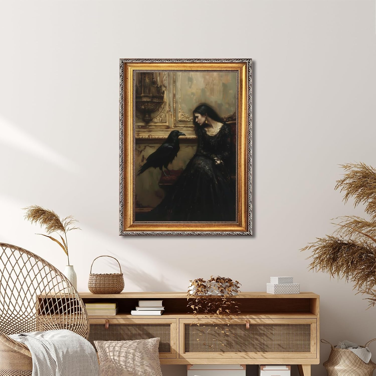 Gold Framed Wall Art Vintage Gothic Woman Raven Dark Academia Decor Canvas Print Moody Victorian Portrait Painting Horror Aesthetic Artwork Antique Witchy Poster for Bedroom Bathroom 12x16inch