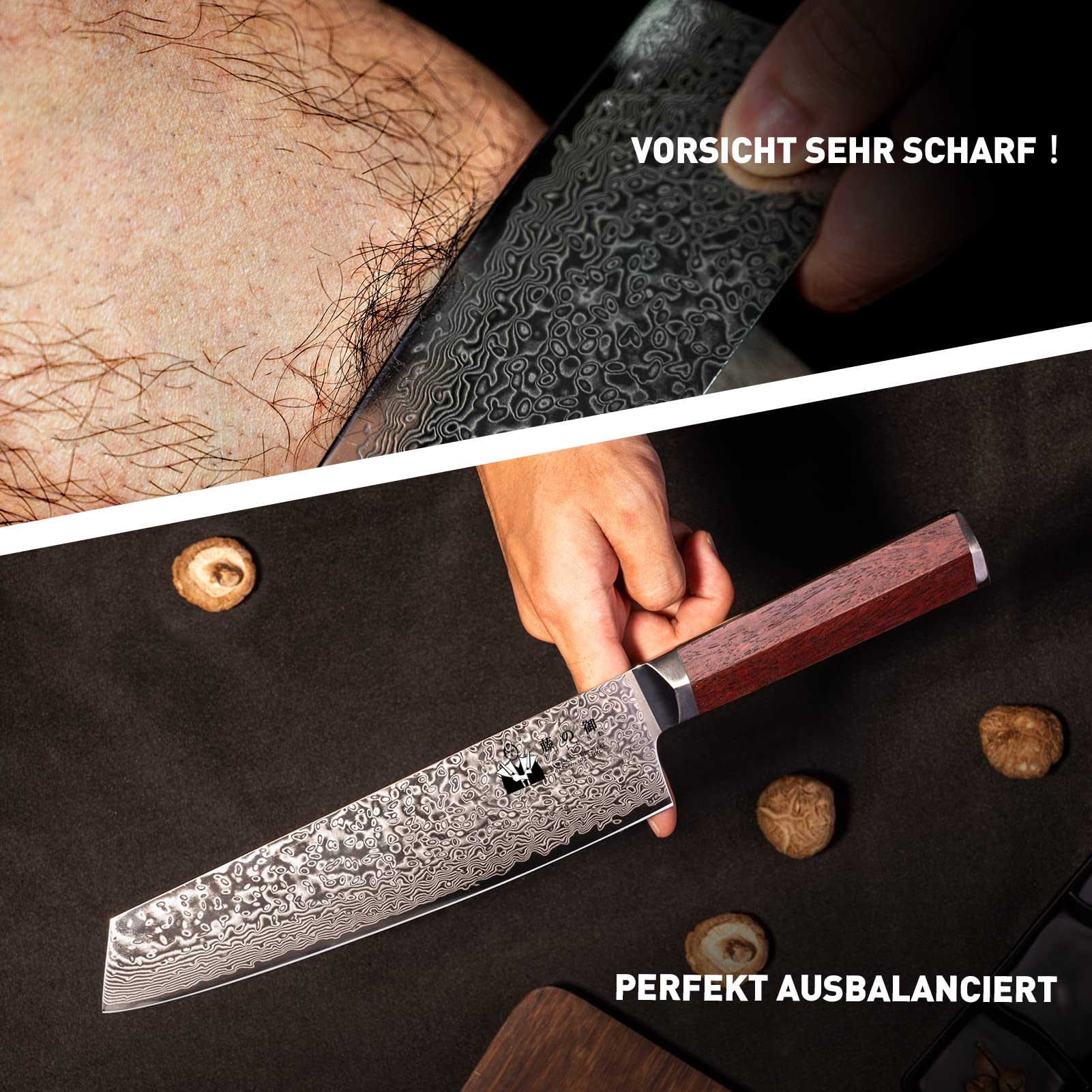Damastmesser Kiritsuke Profi Kochmesser Mit Extrem Scharf 20 cm Klinge Aus 67 Lagen Vg-10 Damaststahl Küchenmesser, Holzgriff, Geschenkbox