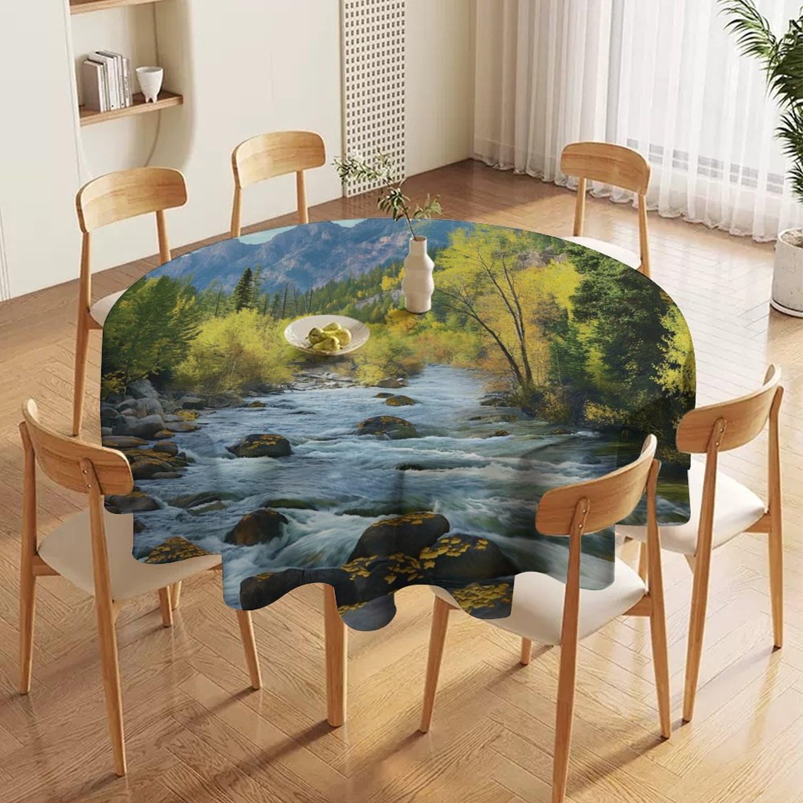 ORDOBO 3D Print Round Tablecloth - Forest Stream Round Countertop Decoration Cover Waterproof Wipeable Dust-Proof For Kitchen Dining Home 152X152Cm