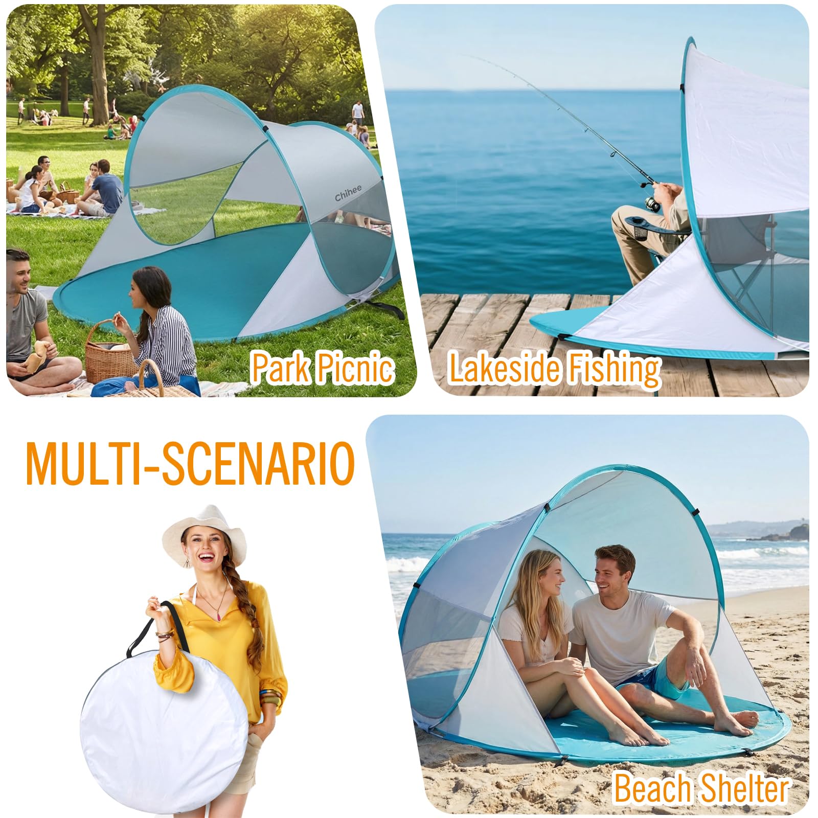 Chihee Tienda de Playa emergente para Acampar con protección Solar y protección UV Tejido Recubierto de Plata Malla Transpirable Bolsas de Arena adicionales fácil de Montar Toldo portátil la Playa