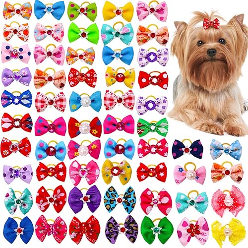 Ewanda store 20 lazos para el pelo de perro, pares de perlas de diamantes de imitación, flores, topknot, lazos para perros, lazos para el pelo para