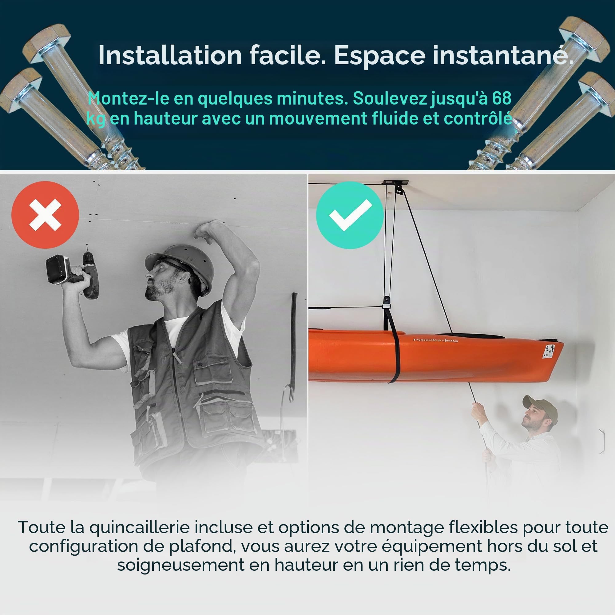 StoreYourBoard Système de poulie de Plafond pour Kayak et canoë - Support de Garage - Robuste - Peut contenir 68 kg - Organiseur d'intérieur