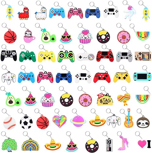 58 llaveros de fiesta de videojuegos para niños, llaveros de dibujos animados, llaveros de dona a granel para niños en la oscuridad, llaveros para