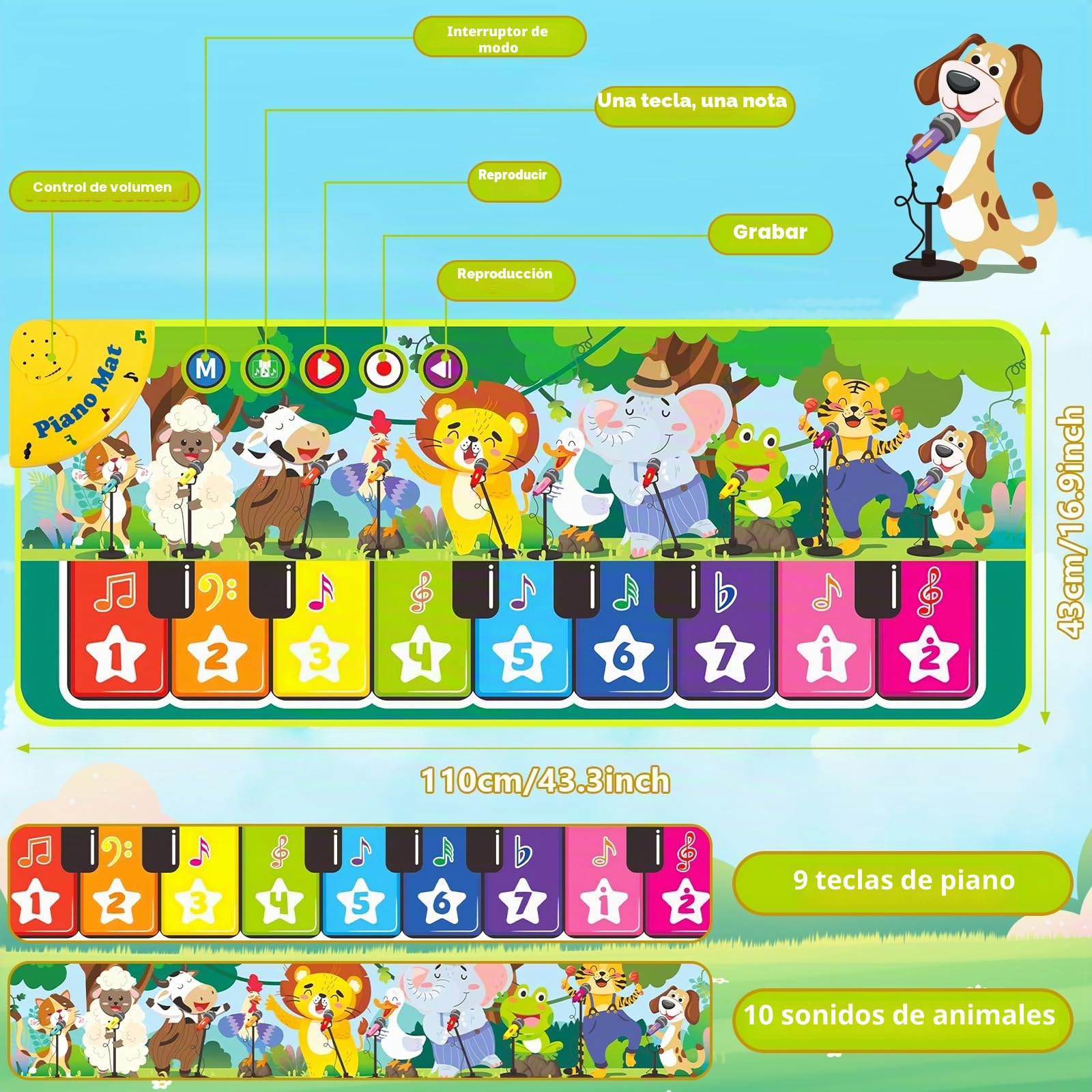 Piano Bebe, Alfombra Musical con 10 Animales, Alfombra Musical Bebe 1 Año, Alfombra de Piano, Juguete Musical Bebe, Niños y Niñas & Regalos de Cumpleaños (110×43cm)