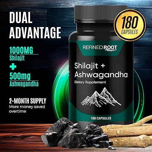 Miniatura 4 de Shilajit 1000 mg y Ashwagandha 500 mg (180 cápsulas) - Suplemento orgánico puro del Himalaya Shilajit (suplemento de ácido fúlvico del 20%) -