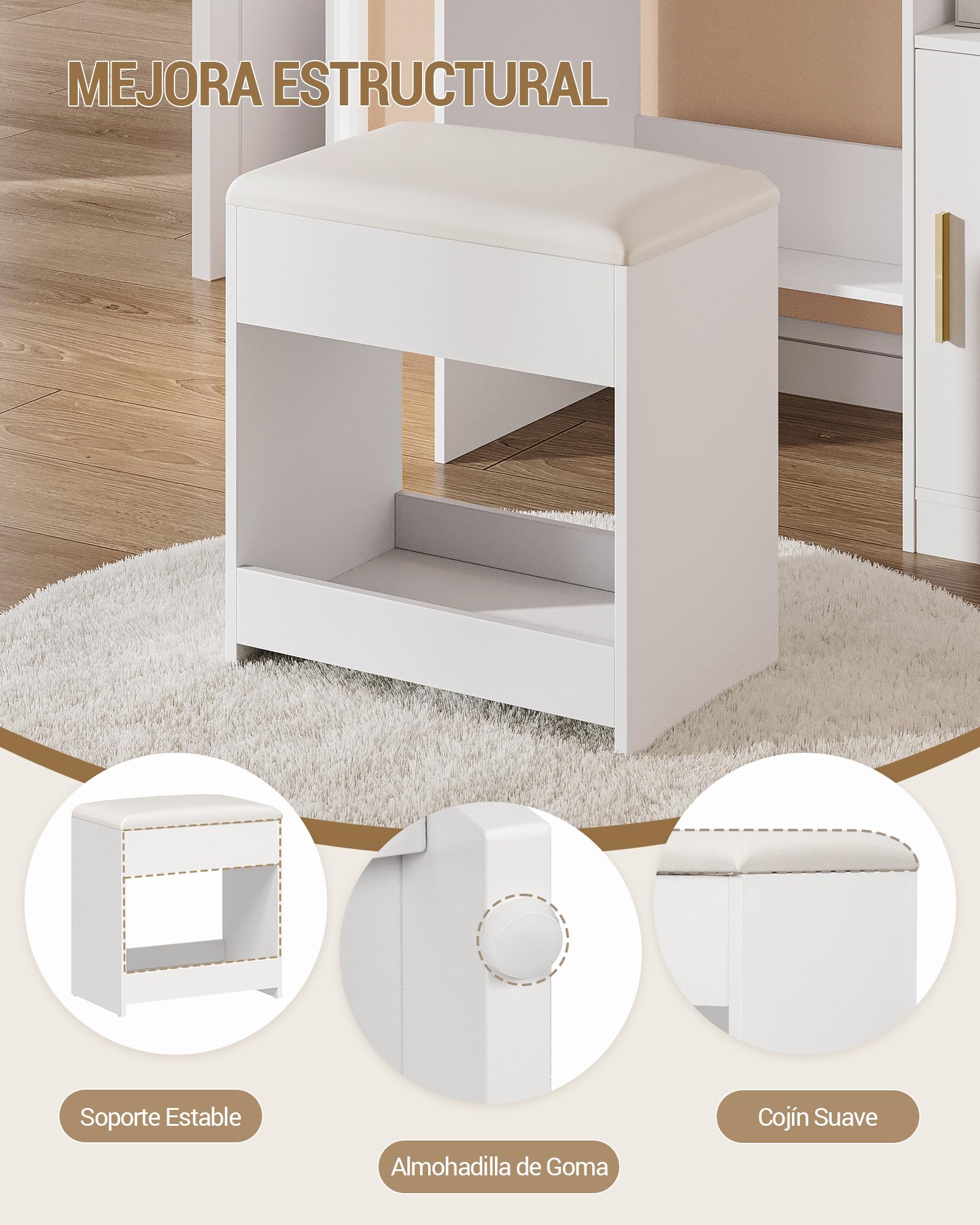 Hzuaneri Taburete de Tocador, Taburete de Maquillaje Tapizado, Blanco | Reposapiés con Almohadilla Antideslizante, Cuenta con Almacenamiento Oculto, para Vestidor, Dormitorio, Entrada, VS32703X