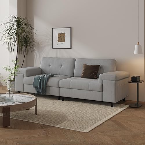 85 Inch Modern 3 Seater Sofa Couch with Adjustable Armrests,Living Room Sofa with Plush Chenille Fabric,Couch with Button Tufted Backrest for Living Room & Bedroom,Easy Assembly（Light Grey）
