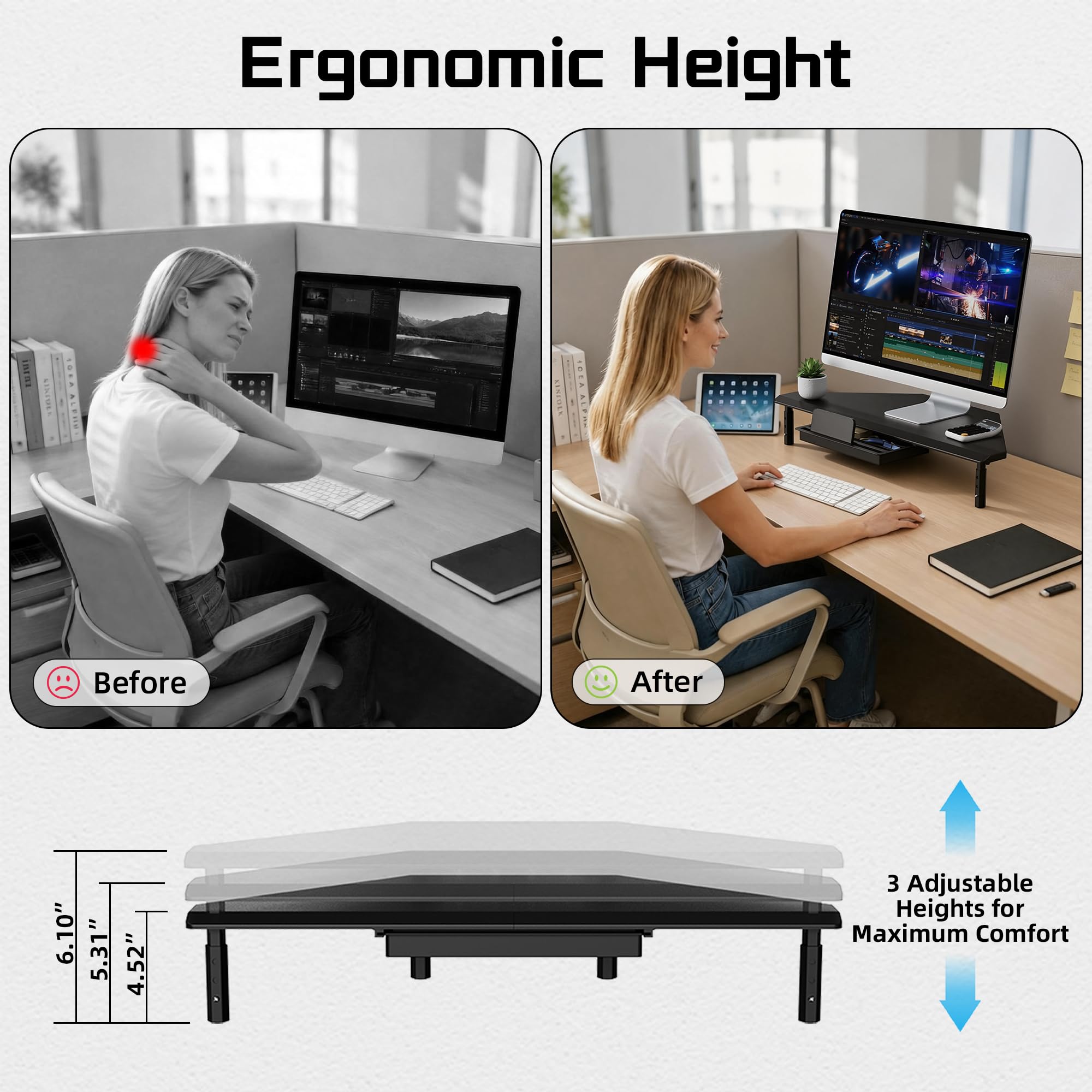 ETHU Supporto triangolare per monitor con cassetto, regolabile in altezza, per PC/laptop, supporto ergonomico per computer desktop, supporta 20 kg, nero