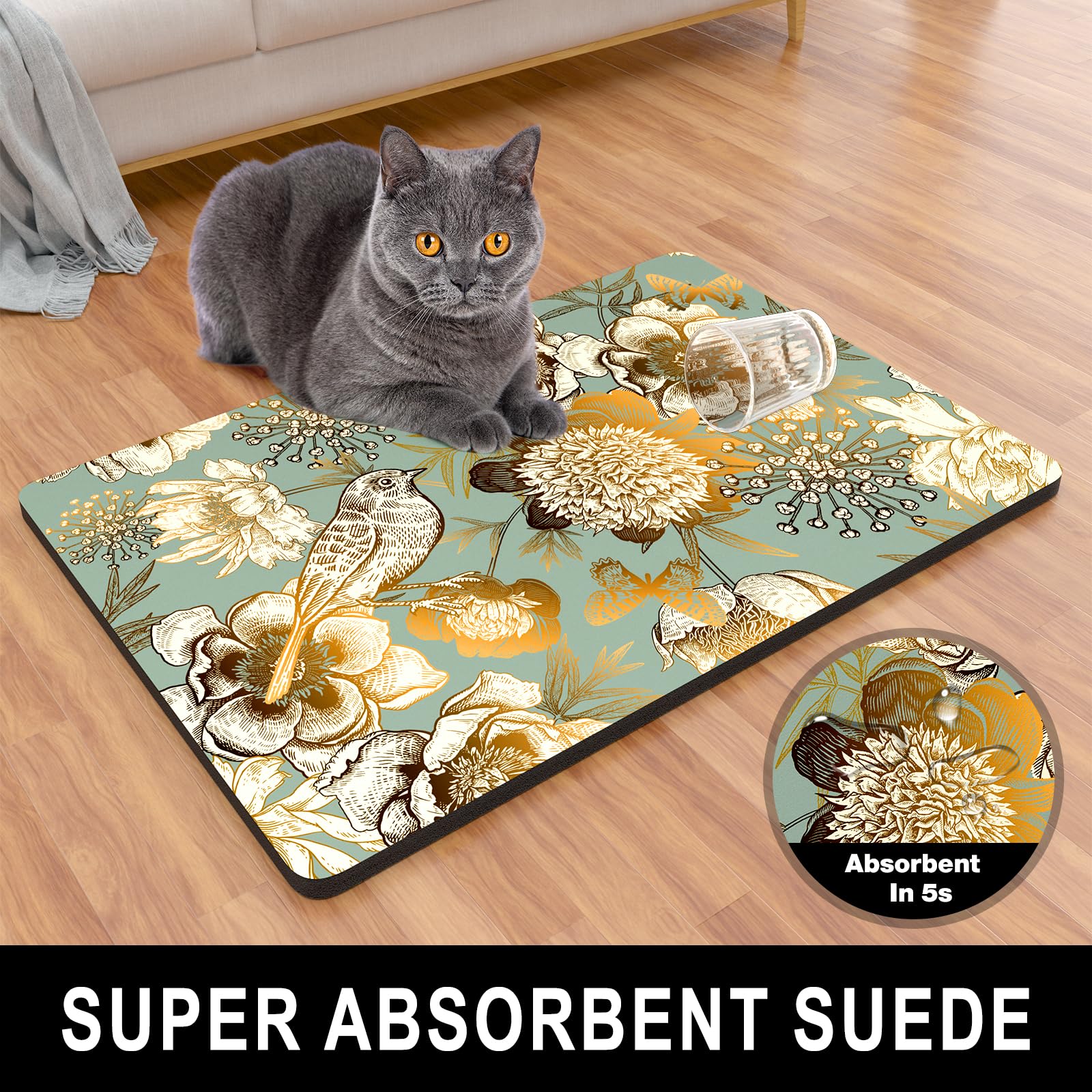 Cat Food Mat - Absorbent, Non-Slip Feeding Mat For Water & Food Bowls, 20x12 Inch Waterproof Placemat