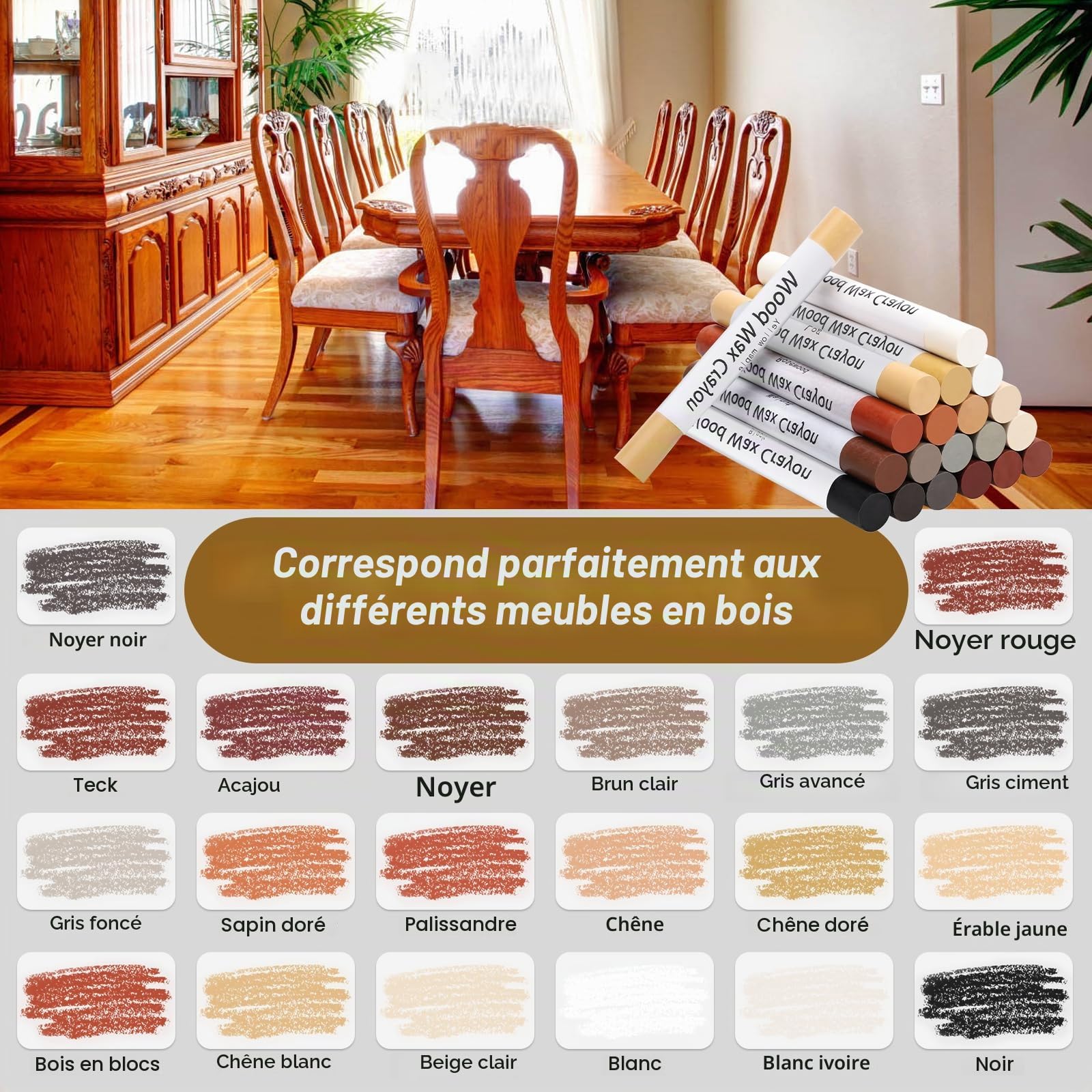 Kit de réparation de meubles 20 couleurs bâtons de cire douce pour taches rayures sols tables