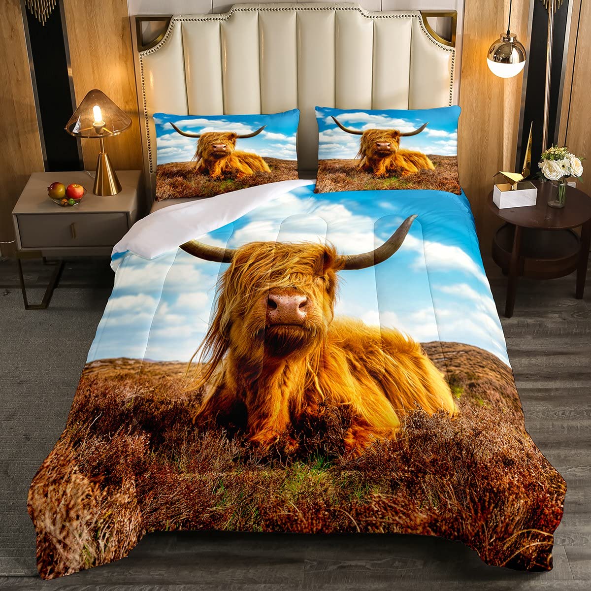 richhome Rustic Highland Cow Double Size Comforter Set, Lovely Hamish Golden Hair Bedding Sets Youth Teens, Natural Scenery Fantasy Brushed Microfiber Soft Bedding Decor