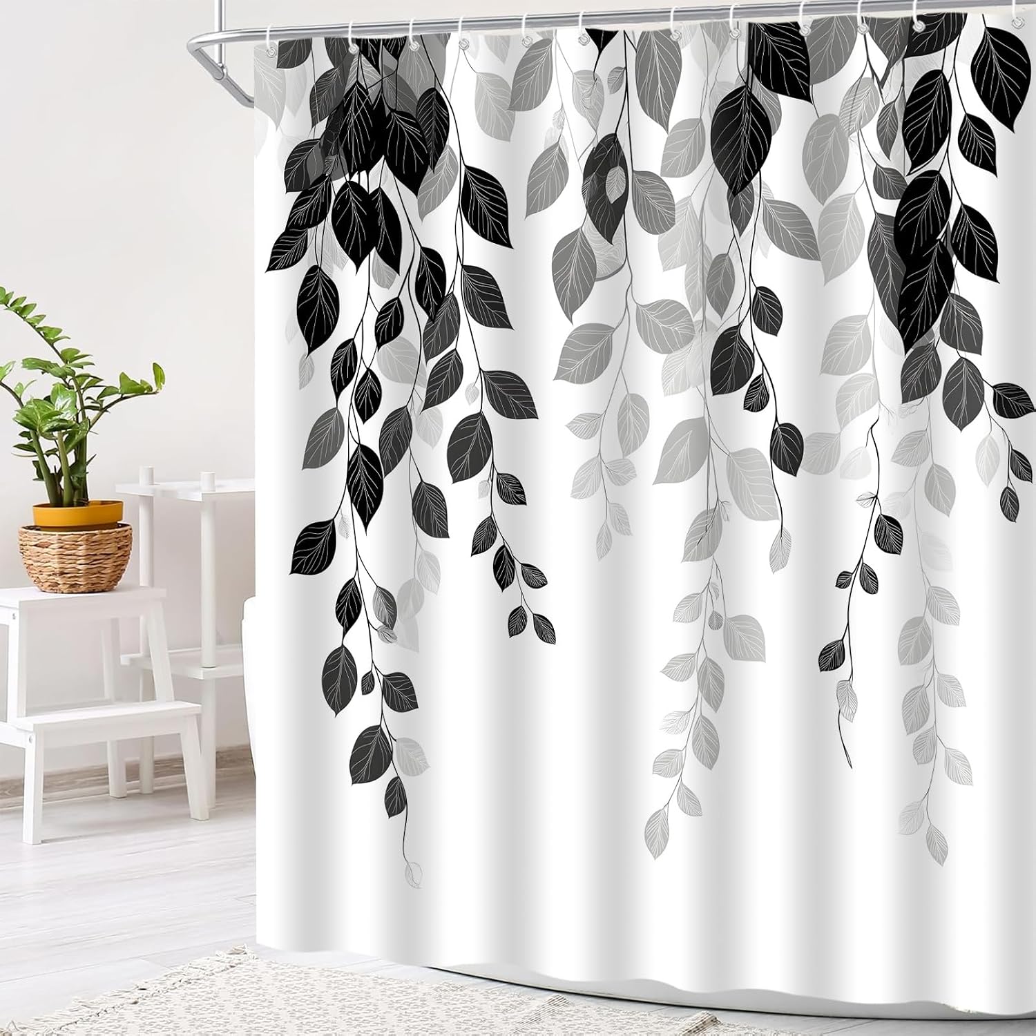 Black Gray Leaves Shower Curtain Hanging Leaf Vine Botanical Minimalist Polyester Bath Decor Curtain with Hooks, 70x70 Inch