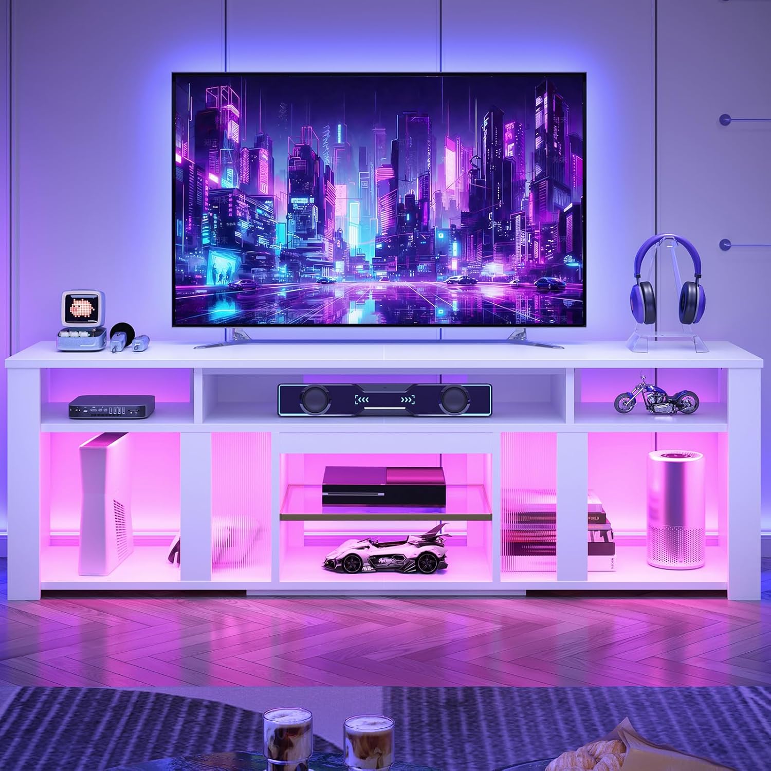 Bestier 80’’ LED TV Stand for 65/75/85/90 Inch TVs, Tall Entertainment Center with Storages for P55, Modern TV Console with Adjustable Shelves for Living Room Bedroom, White - Image 8