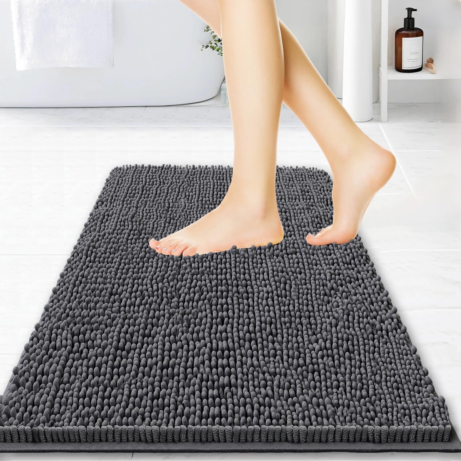 BOANKODU Bathroom Rugs Extra Soft Absorbent Chenille Bath Rugs, PVC Backing Quick Dry, Machine Washable Bath Mats for Bathroom Floor, Tub and Shower, Home Decor Accessories, light Grey