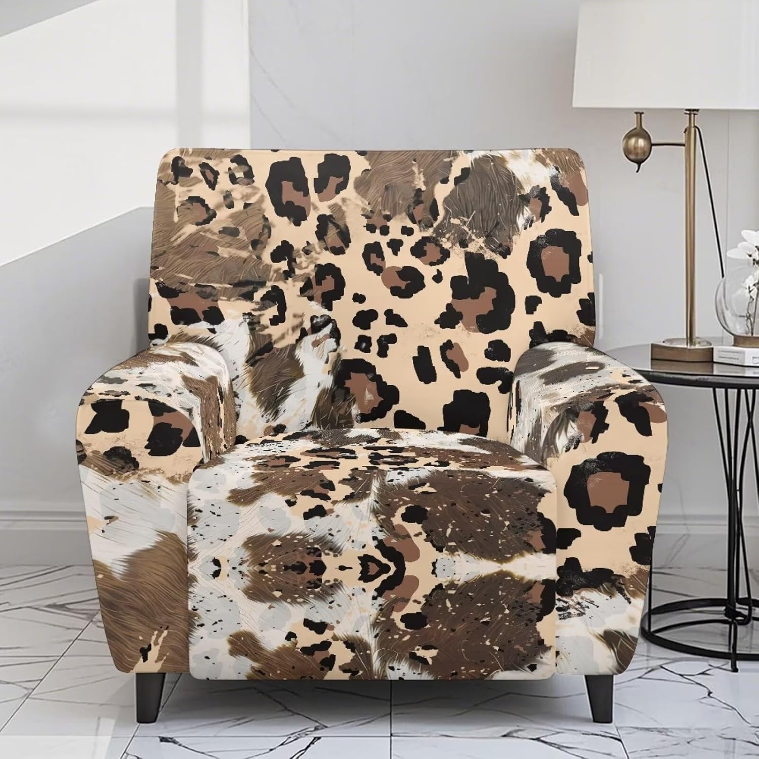 Wanyint Leopard Cow Print Recliner Seat Cover Comfy Couch Slipcover 4 Pieces Stretch Recliner Chair Cover Fitted Reclining Chair Slipcover with Elastic Bottom and Pocket