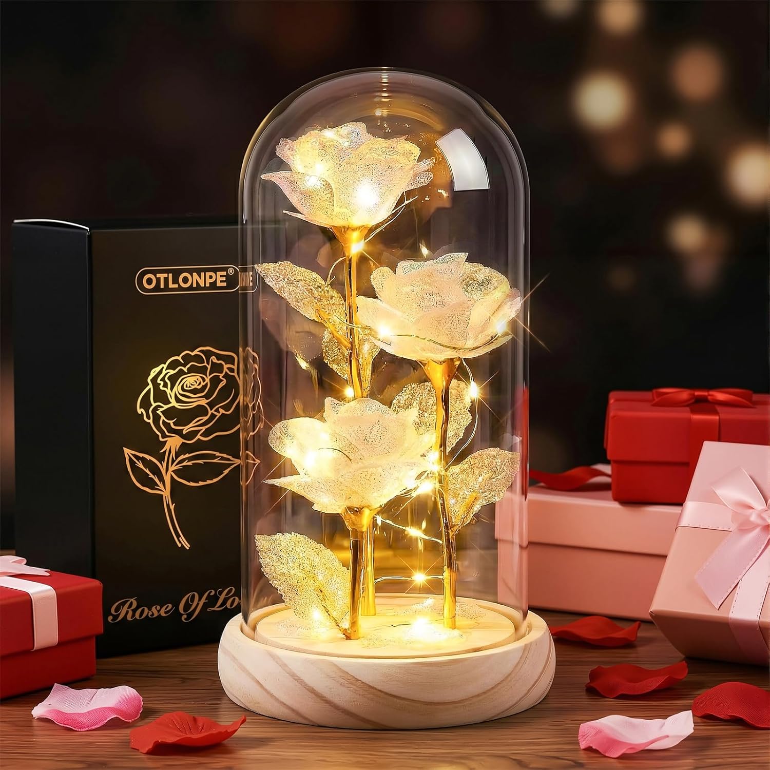Otlonpe Forever Preserved Glass Roses Flowers with Light, Birthday Valentines Day Womens Gifts for Her, Mom Grandma Girlfriend Wife Sister Gifts for Christmas Valentines Mothers Day, 7.8-inch (White)