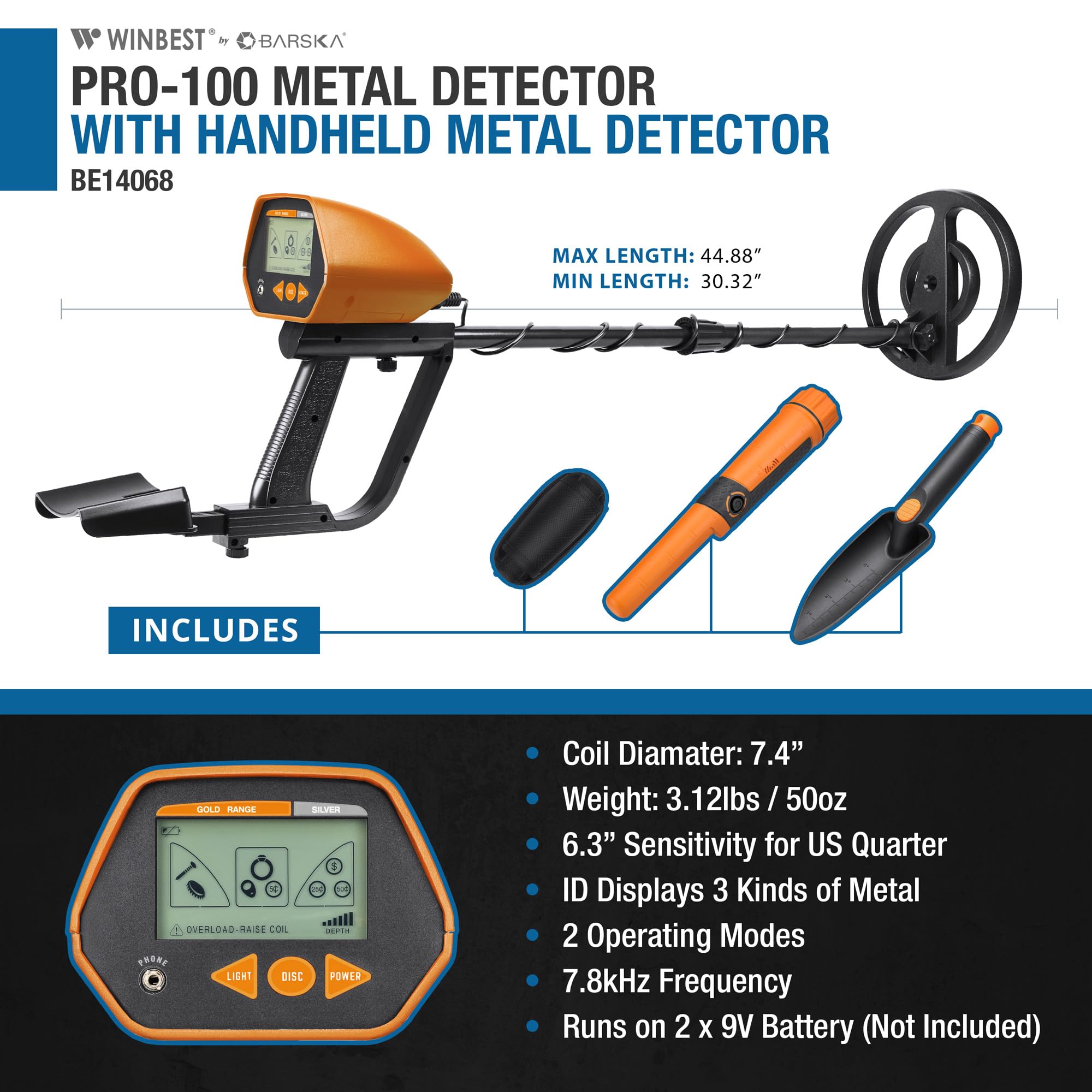 Barska Winbest Pro-100 - Kit de Detector de Metales con Detector de Metales de Mano, Bobina de búsqueda Sumergible, Longitud Ajustable