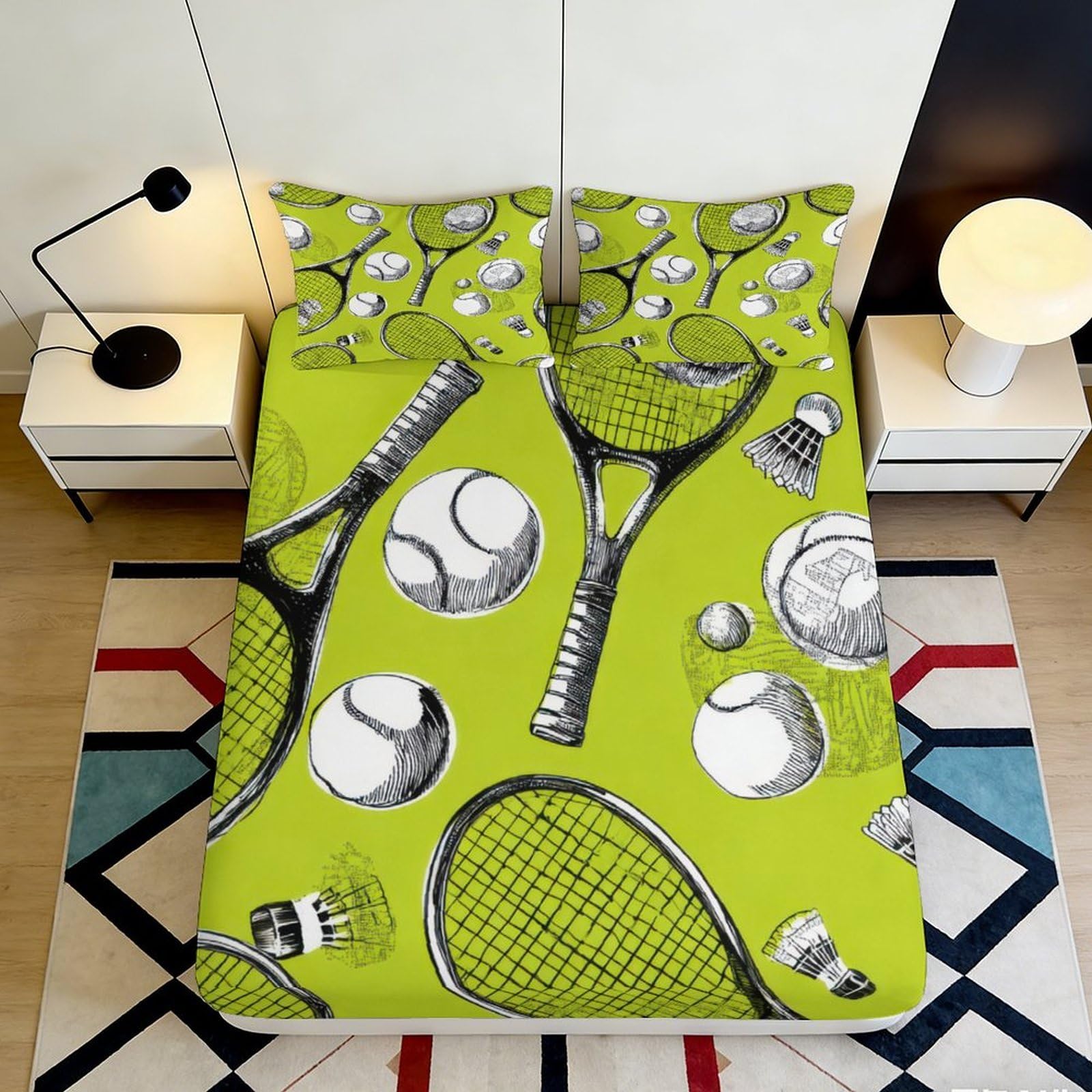 3D Printed Tennis Racket Fitted Sheet Microfiber Sports Ball Mattress Cover Green for Bedroom Dorm Decor 160x200x25cm