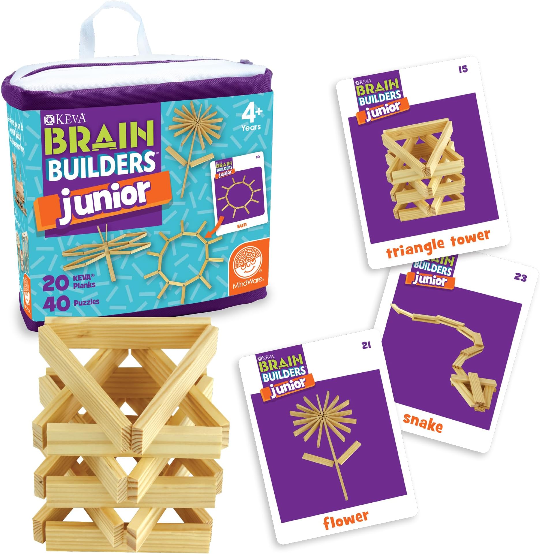 MindWare KEVA Junior Brain Builders Playset, 3D Puzzle Travel Game, 40 Wooden Building Block Challenges