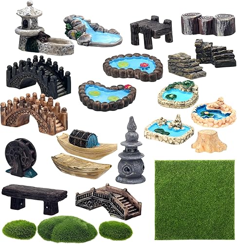 BBTO 24 piezas de accesorios de jardín de hadas, miniaturas de arquitectura, estanque de hadas, hierba, barco, puente, silla, figuritas