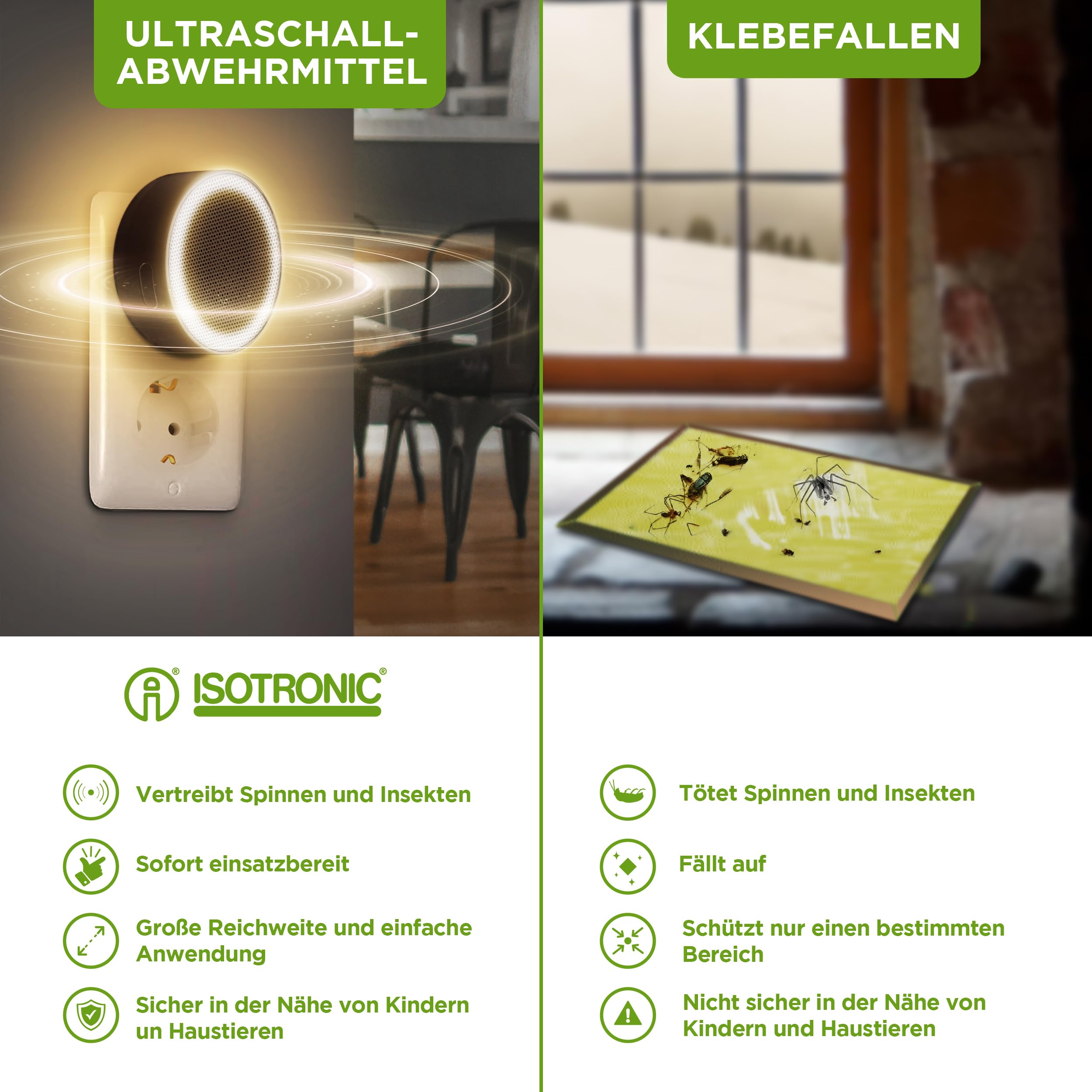 ISOTRONIC – Ultraschall Schädlingsabwehr zum Spinnen, Kakerlaken, Bettwanzen & Milben vertreiben – Schädlingsvertreiber inkl. Orientierungslicht – Milbenabwehr mit 30m² Wirkungsbereich (4 Stück)