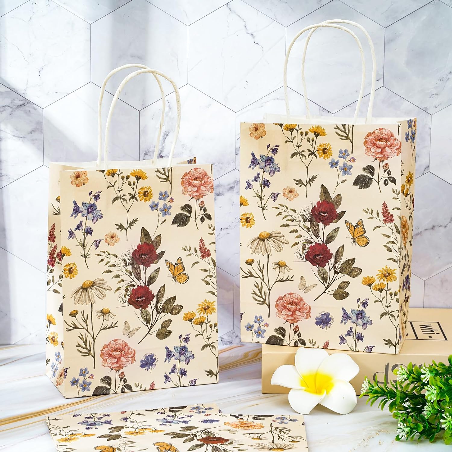24Pcs Vintage Wildfloral Paper Gift Bags Wildflower Print Treat Bags with Handles Grocery Shopping Bag Candy Goodie Bag for Fall Baby Shower Wedding Party Supplies - Image 3