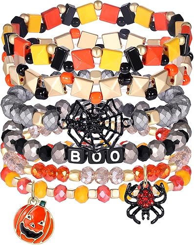 Miniatura 1 de Juego de pulseras de cuentas de Halloween, calabaza, araña, fantasma, encantos, pulseras elásticas para Halloween