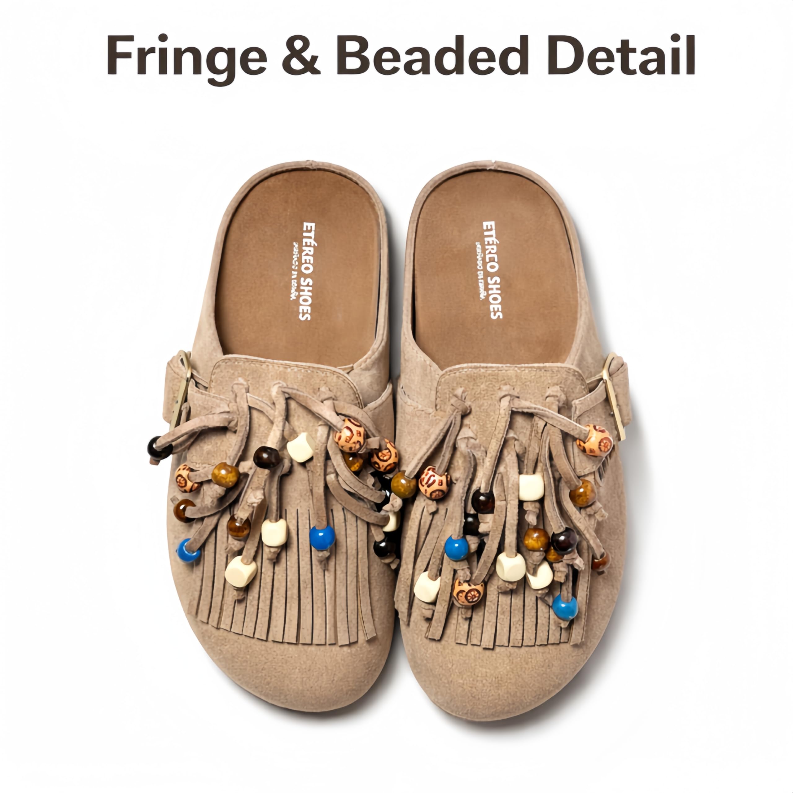 Zuecos para Mujer Estilo Boho con Flecos y Cuentas Decorativas, Ante Sintético, Suela EVA Antideslizante, Hebilla Ajustable 36-41