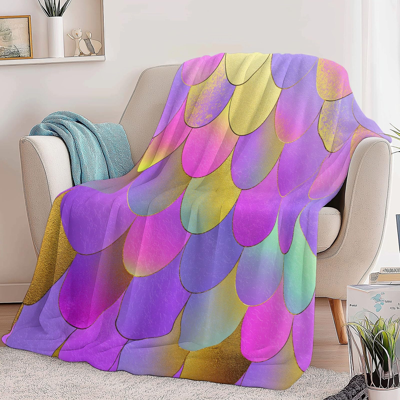 Générique Koc dla dorosłych i dzieci 200 x 200 cm, miękki koc flanelowy z nadrukiem elegancki gradient rybie łuski - narzuta na sofę pasuje do różowo-fioletowego utrzymania ciepła zimą