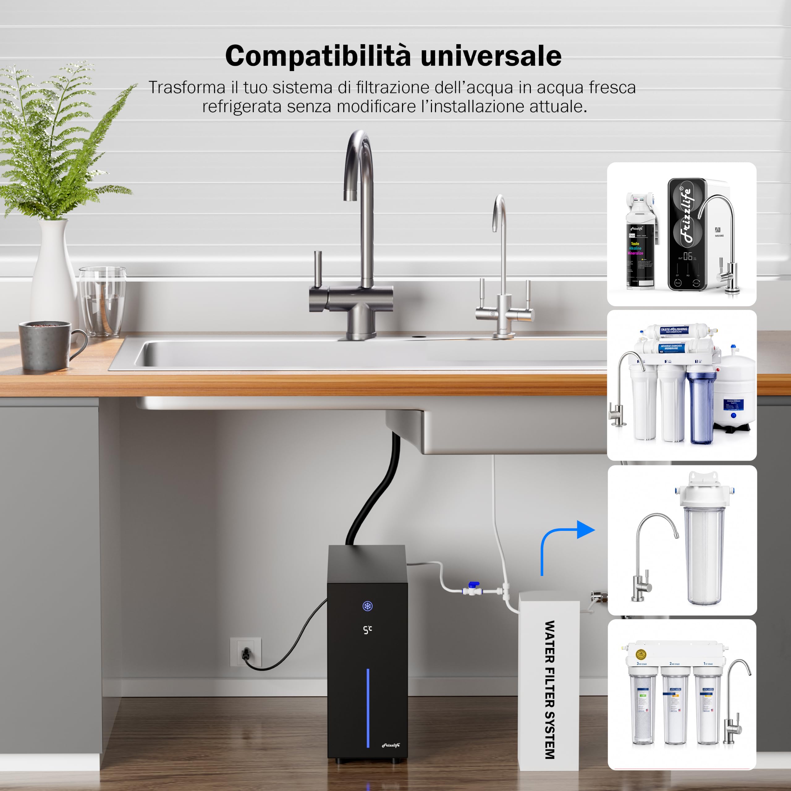 Frizzlife CW5000 Raffreddatore d'acqua sottolavello per filtri acqua