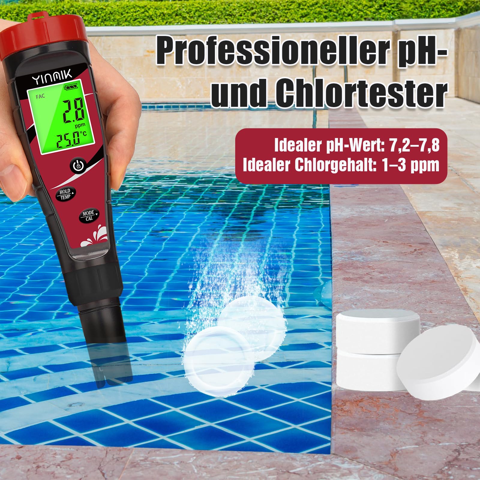 YINMIK pH und Chlor Messgerät 7 in 1 für Salzwasserpool, Aquarium, Hydroponik, Trinkwasser