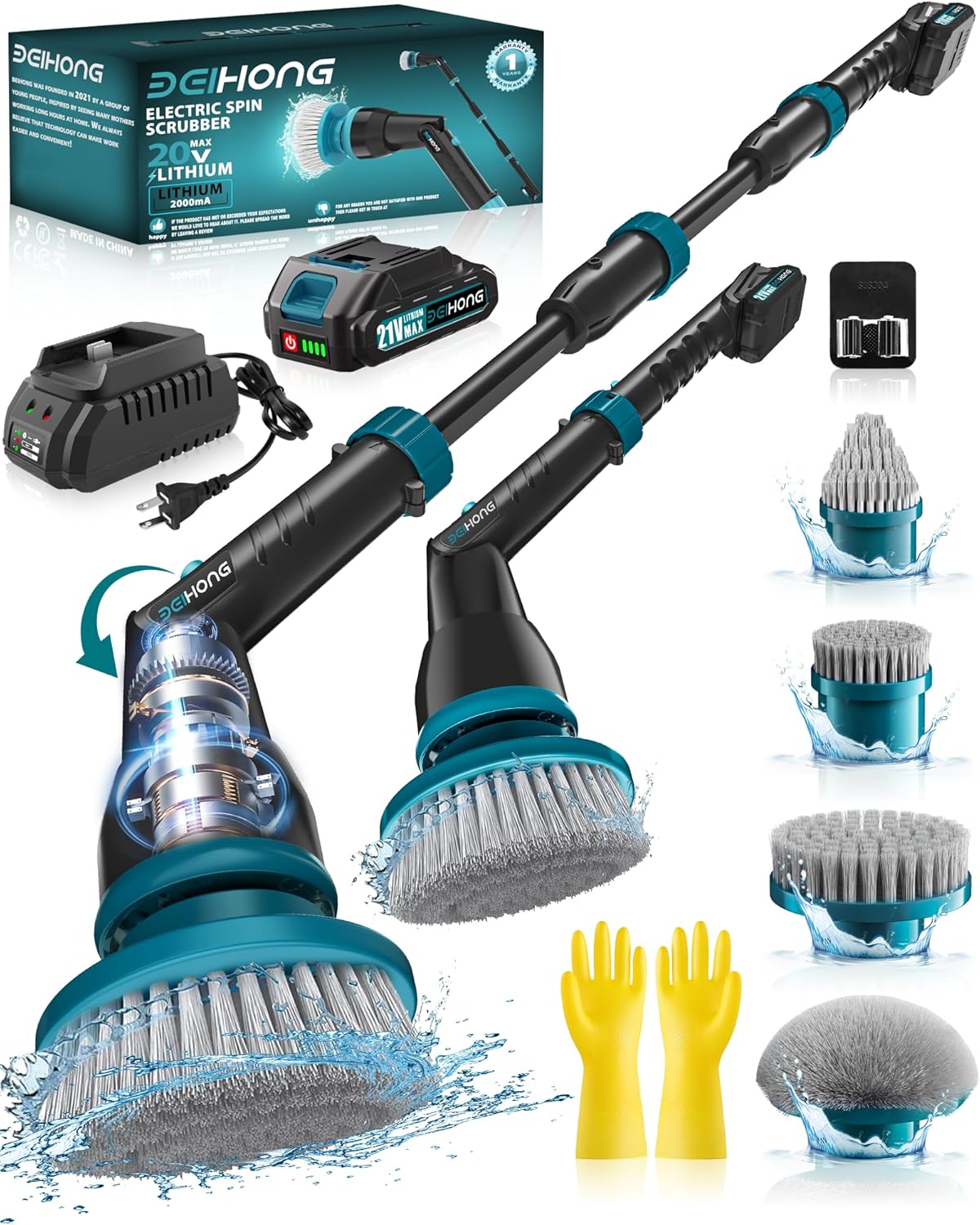 1000 RPM Electric Cleaning Brush, Spin Scrubber Cordless with 21 V Removable Battery and Charger