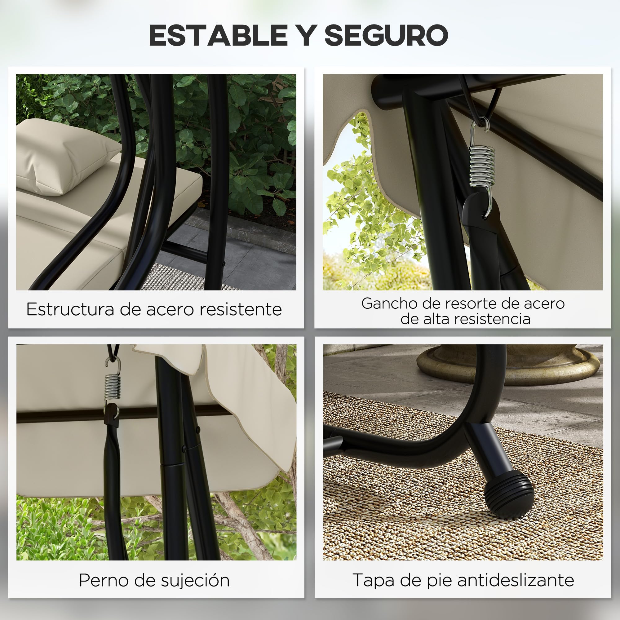 Outsunny Columpio Balancín Jardín 3 Plazas Convertible en Cama Techo Parasol Regulable Bandeja para Bebida Terrza Balcón Exterior Carga máx. 340kg Acero 200x120x164cm Beige