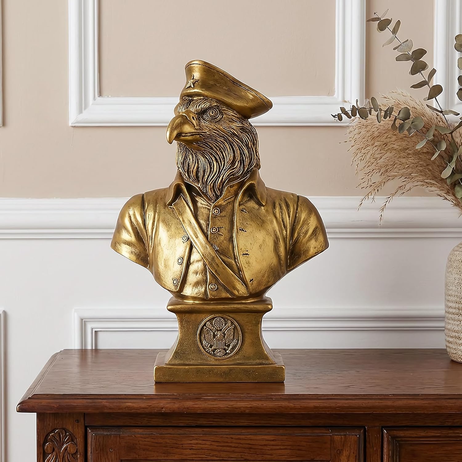 Gold American Eagle Statue - Patriotic Marine Military Officer Bust Figurine with USA Seal Base - Vintage Resin Sculpture for Home Office Desk, Bookshelf, Library Decor - Gifts for Veterans