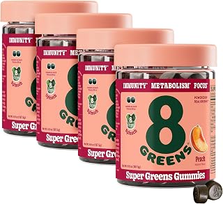 Supergreens Gummies | Super Greens Powder Superfood Gummy for Metabolism, Immunity & Focus, Digestive Health Enzymes, Organic: Chlorella, Spirulina, Aloe Vera, Peach Flavor, 200 Count