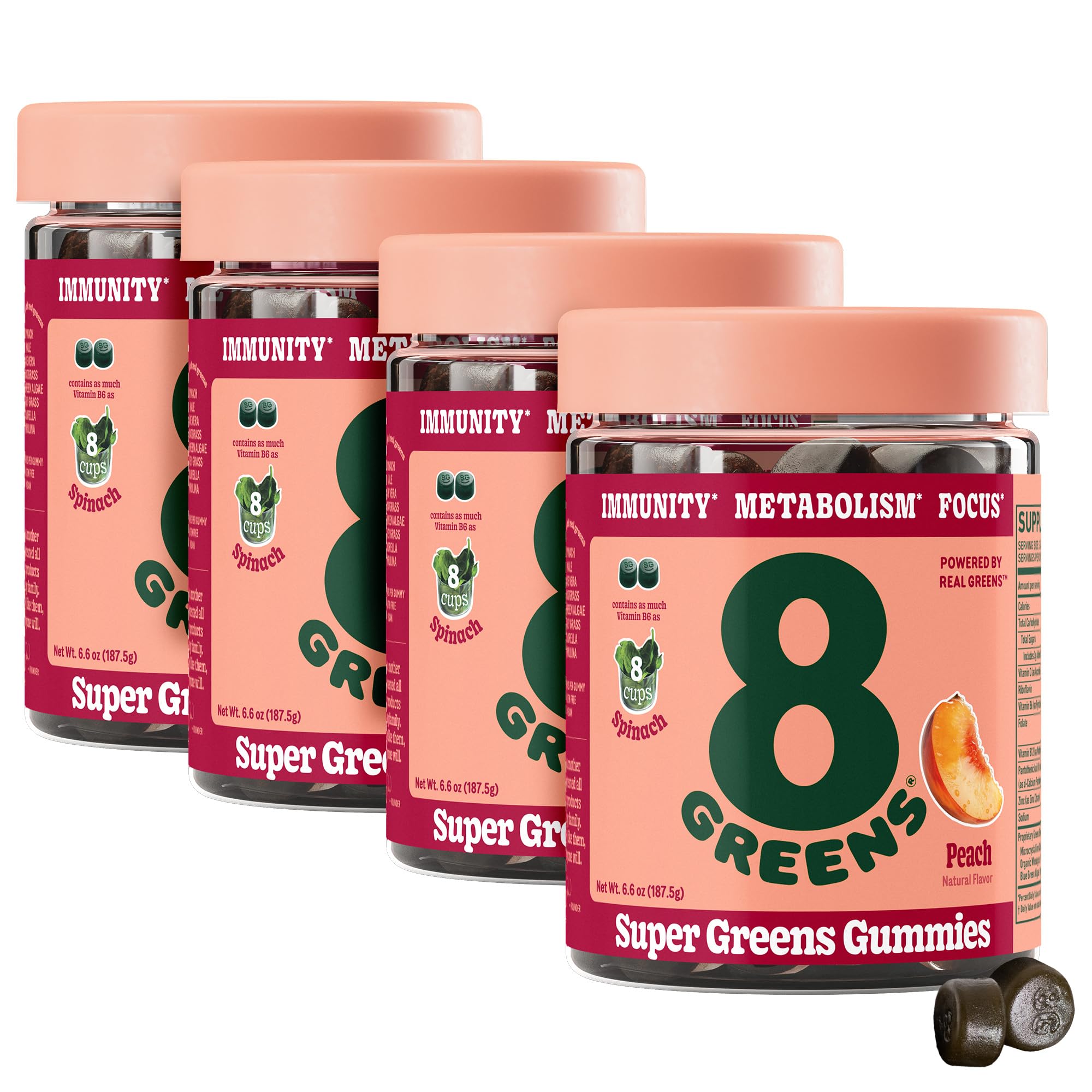 8GreensSupergreens Gummies | Super Greens Powder Superfood Gummy for Metabolism, Immunity & Focus, Digestive Health Enzymes, Organic: Chlorella, Spirulina, Aloe Vera, Peach Flavor, 200 Count