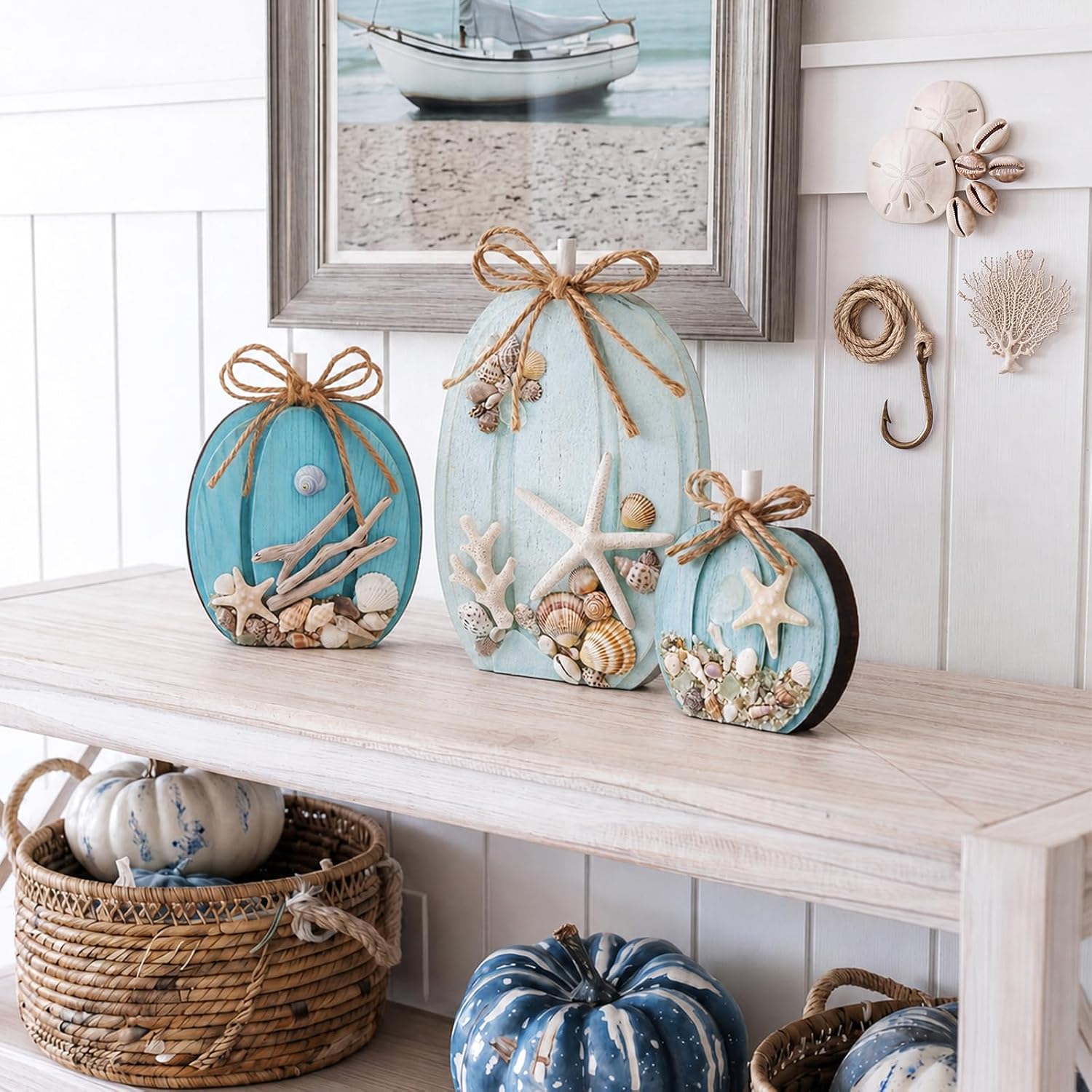 Colingmill 3 Pcs Coastal Fall Wooden Pumpkin Blue Fall Decoration for Home image 5