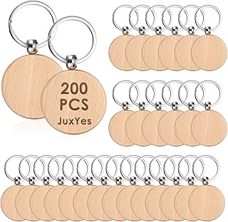 JUXYES 200 PCS Unfinished Wooden Keychain Blanks for Engraving, Wood Engraving Blanks Key Chain, DIY Round Wood Keychain Tags Unfinished Wooden Key Ring Key Tag, 40mm